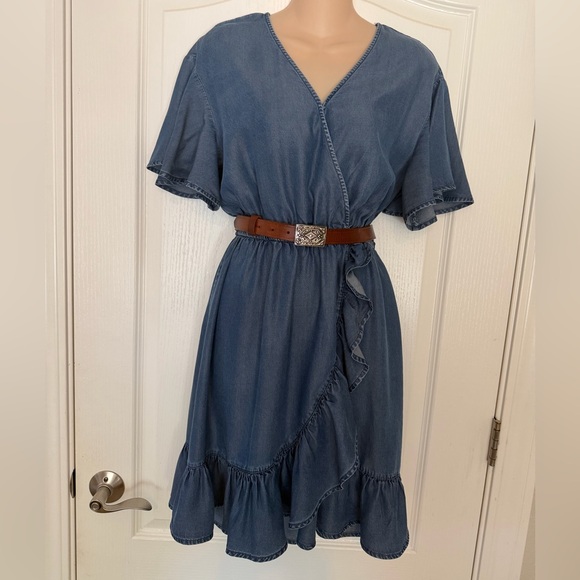 LC Lauren Conrad Blue Chambray Denim Ruffle Dress, Size S - Picture 4 of 12